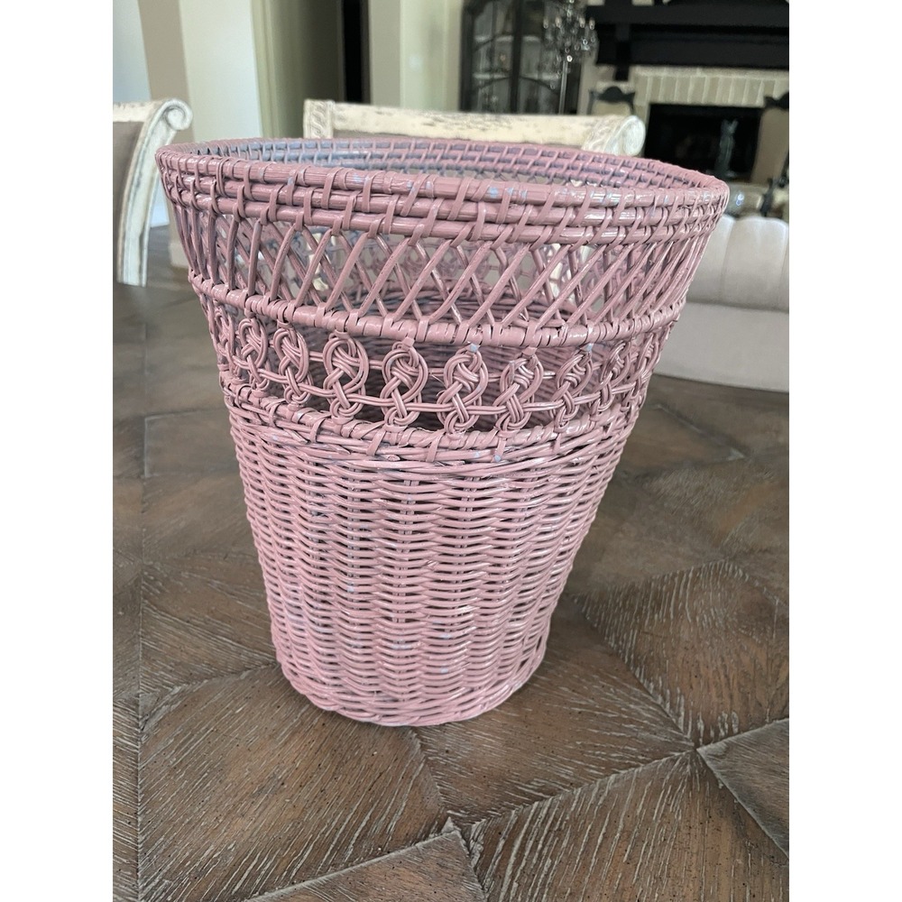 Vintage Pink Wicker Rattan Woven Waste Basket Trash Can Bin - Picture 6 of 11